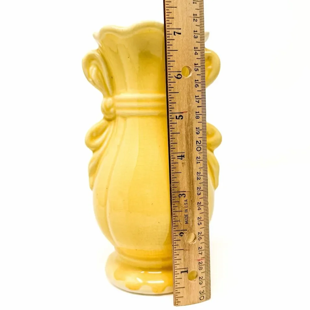 Vintage Brush McCoy 705 Yellow Ribbon Bow Vase 7” Art Pottery Cottagecore